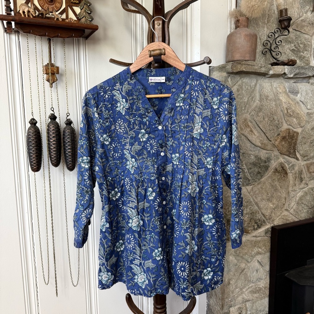 Vintage Handmade Cotton Blue Floral Peasant Top Small- Medium